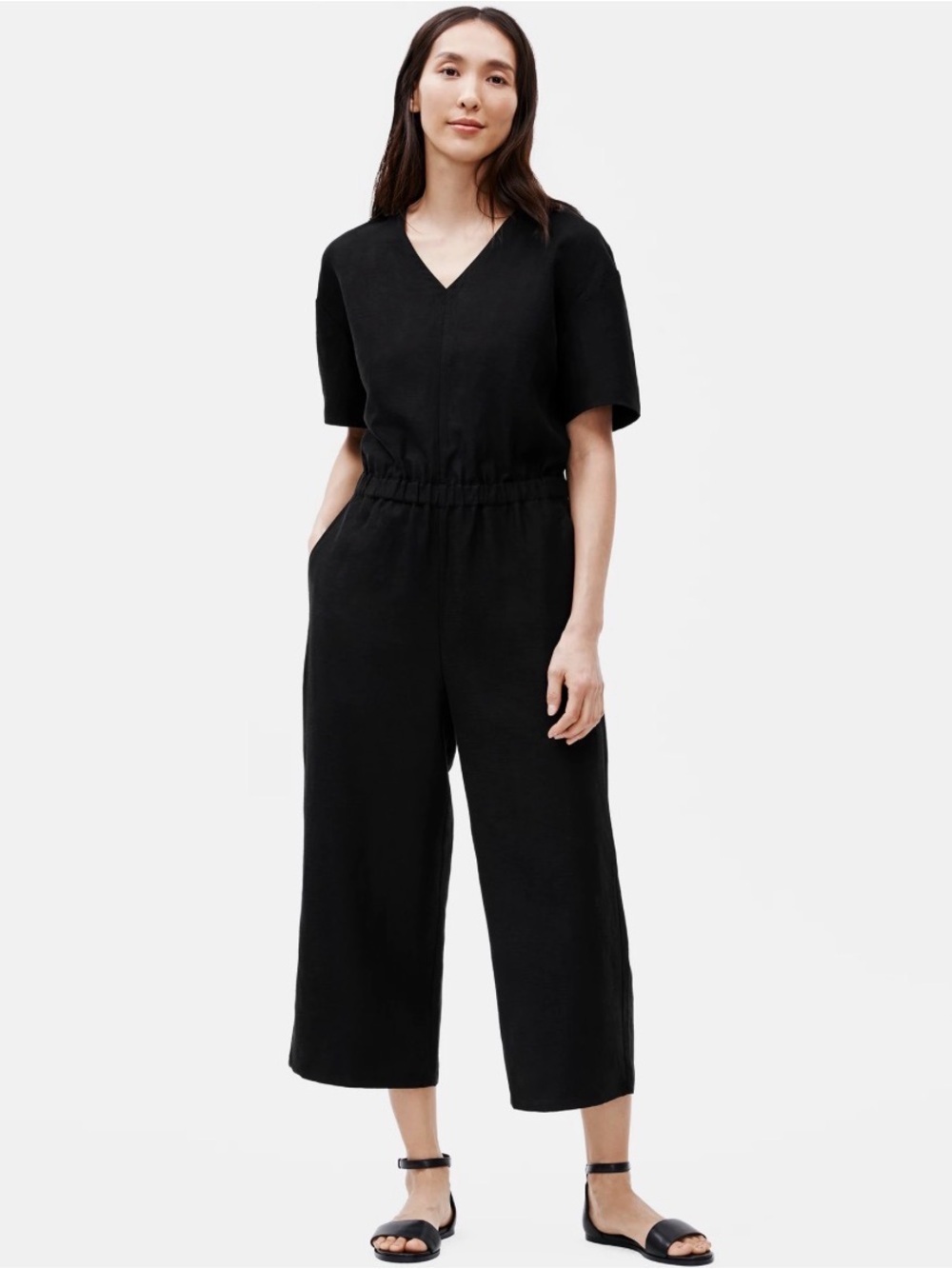 Black Linen Jumpsuit – Relaxed Short Sleeve Waist-Elastic